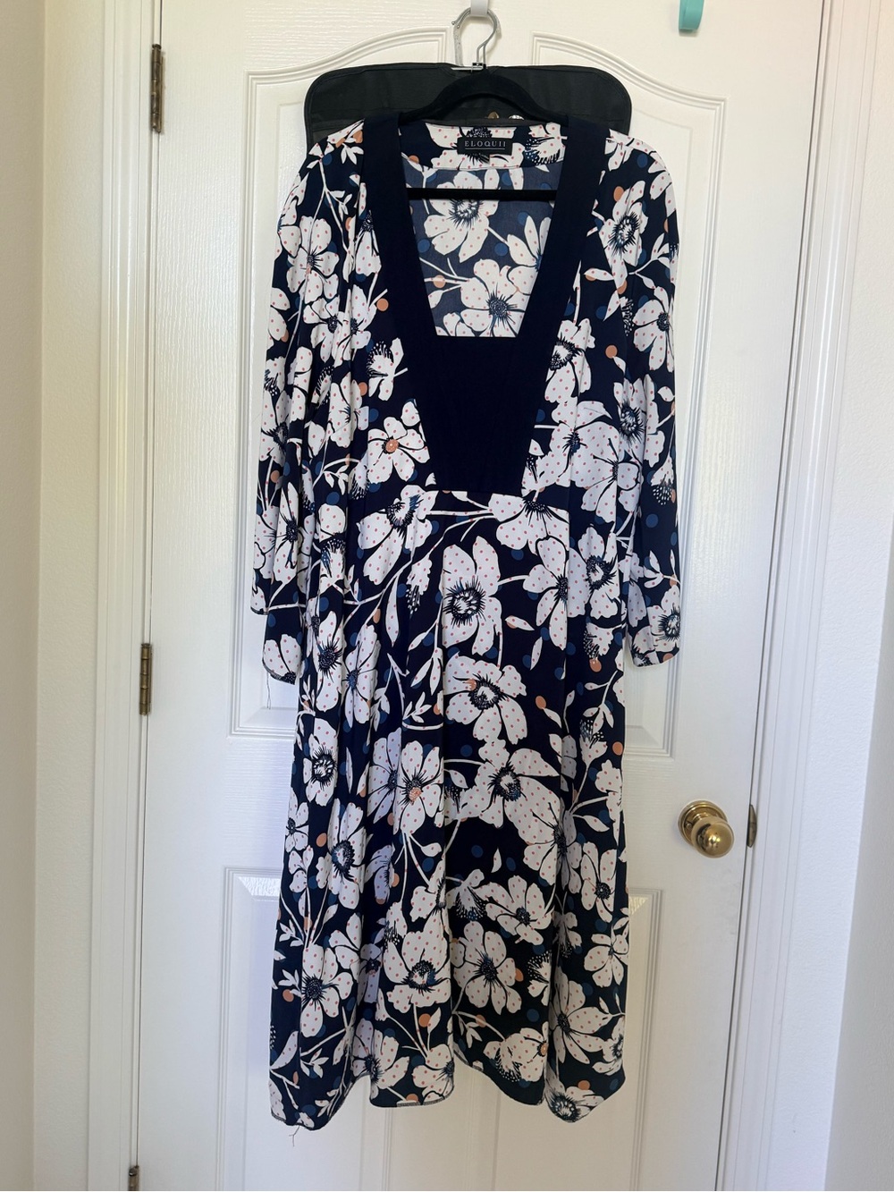Eloquii Navy and White Floral Long Sleeve Midi Dress